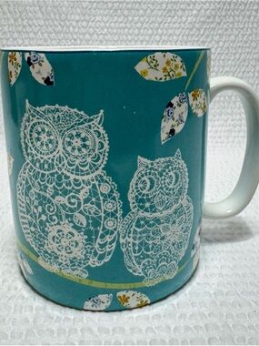 222 Fifth Teal Owl Lace Ceramic Mug with Floral Leaves